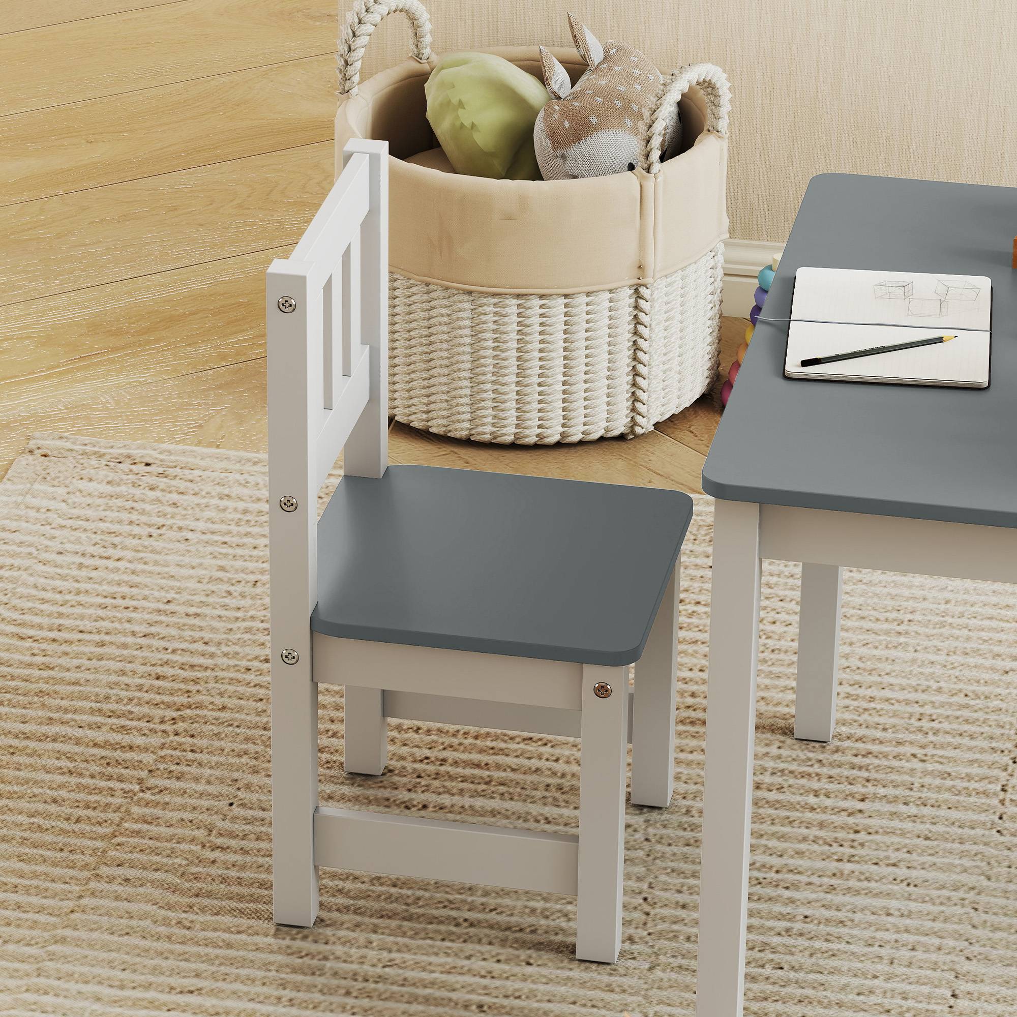 Ensemble table et chaises enfant 3-8 ans 3 pièces bois bords arrondis, gris et blanc - Image 10