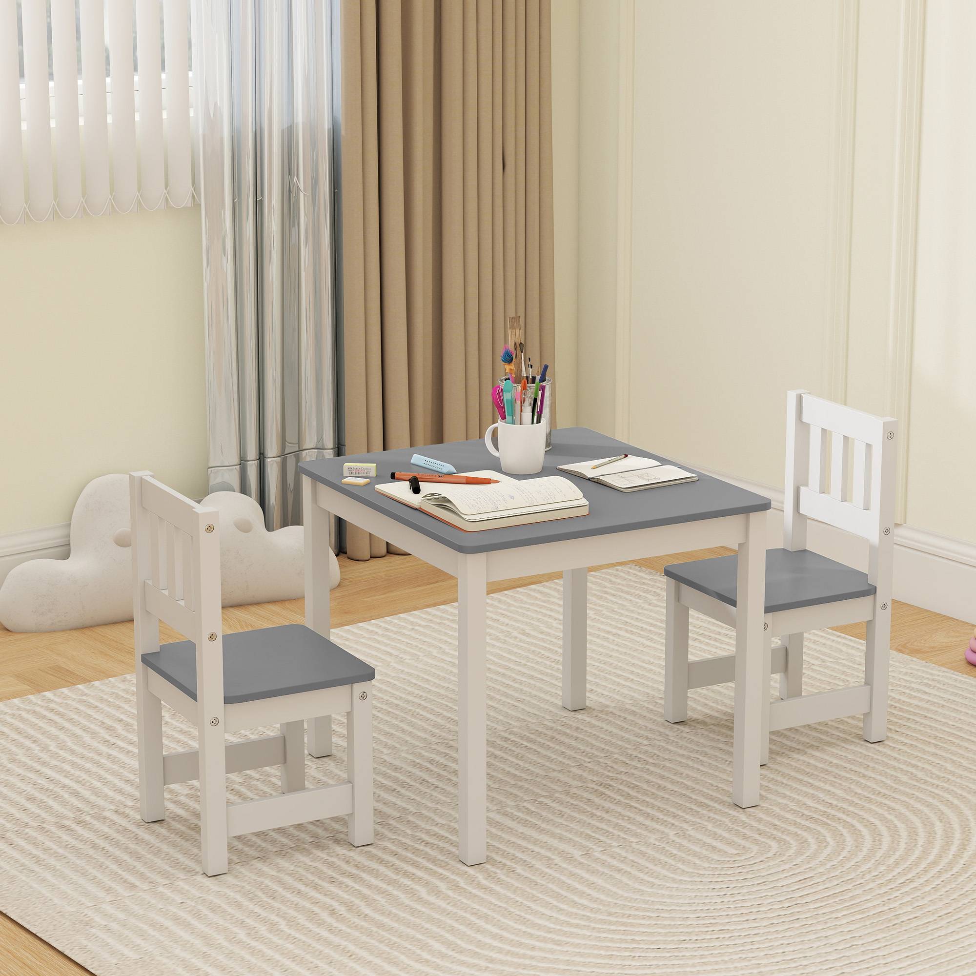 Ensemble table et chaises enfant 3-8 ans 3 pièces bois bords arrondis, gris et blanc - Image 4