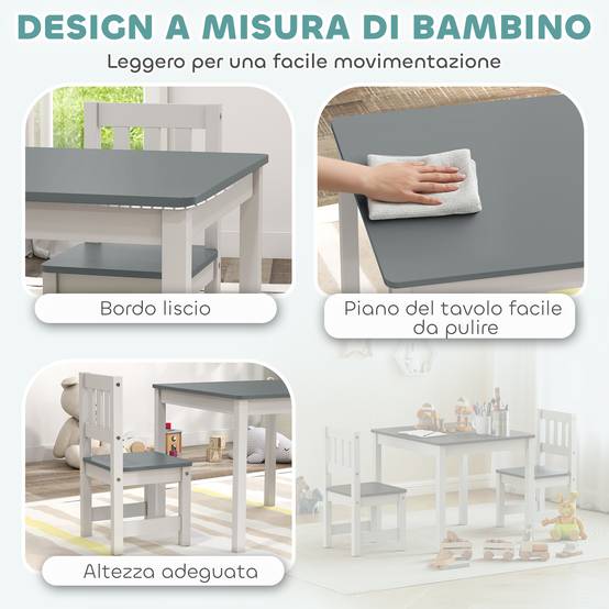 Ensemble table et chaises enfant 3-8 ans 3 pièces bois bords arrondis, gris et blanc - Image 6