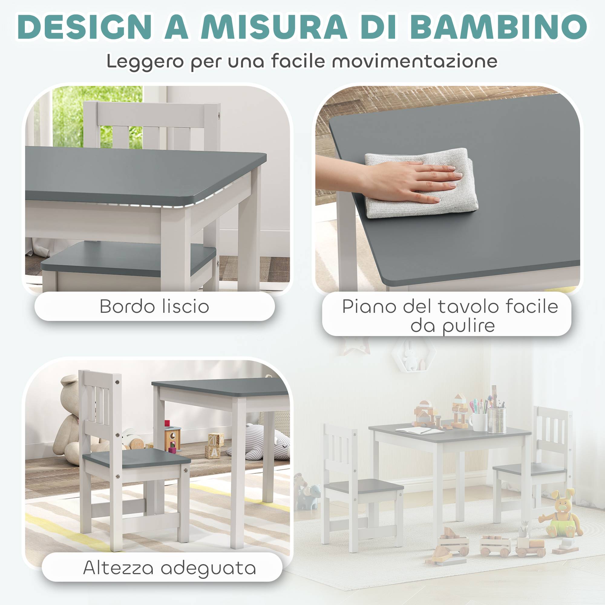 Ensemble table et chaises enfant 3-8 ans 3 pièces bois bords arrondis, gris et blanc - Image 6