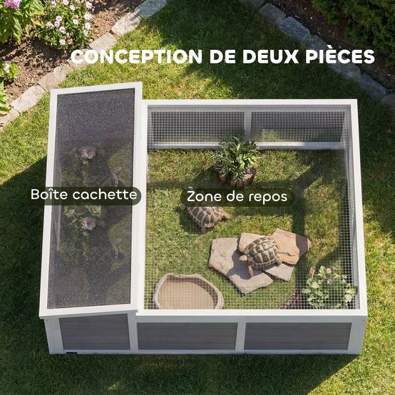 Habitat tortue terrestre 113×106,5×44,5cm gris foncé, 2 zones, double toit ouvrant bitumé et grillagé, fenêtre - Image 6