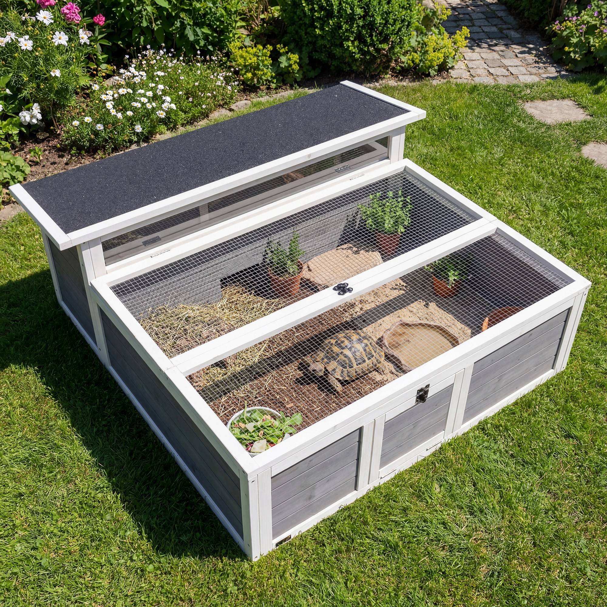 Habitat tortue terrestre 113×106,5×44,5cm gris foncé, 2 zones, double toit ouvrant bitumé et grillagé, fenêtre - Image 3