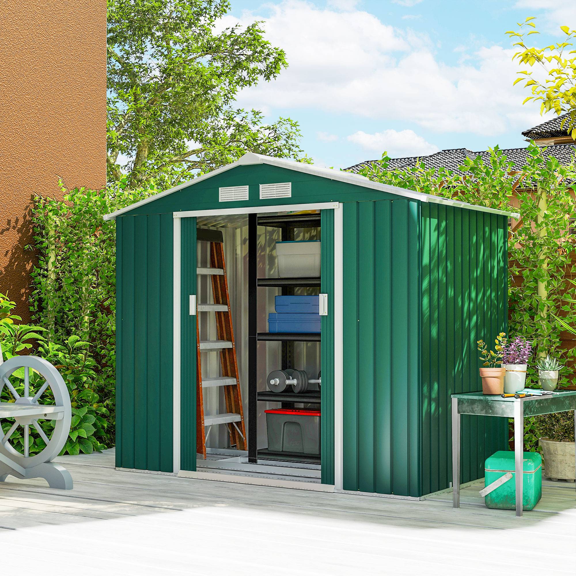 Abri de jardin 213 x 130 x 185 cm, abri extérieur en métal pour le rangement des outils, vert foncé - Image 10