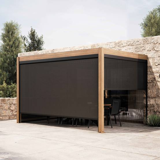 Oviala - Pergola bioclimatique adossée et motorisée éclairée 3x4m et 3 stores Thebes - Oviala - Image 1