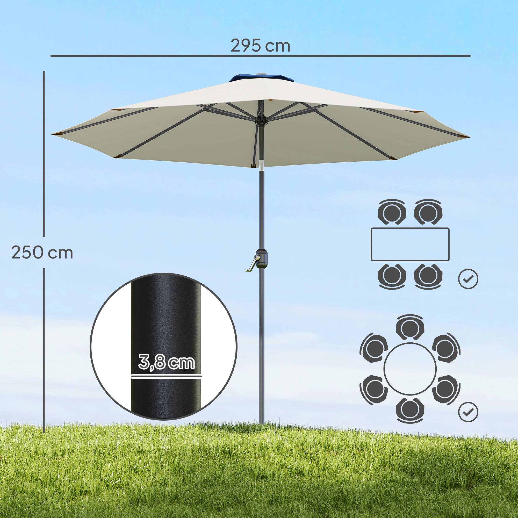 Parasol de jardin extérieur Parasol droit inclinable Ø 3 m - Polyester 180g/m² Gris clair fr152 - Image 5