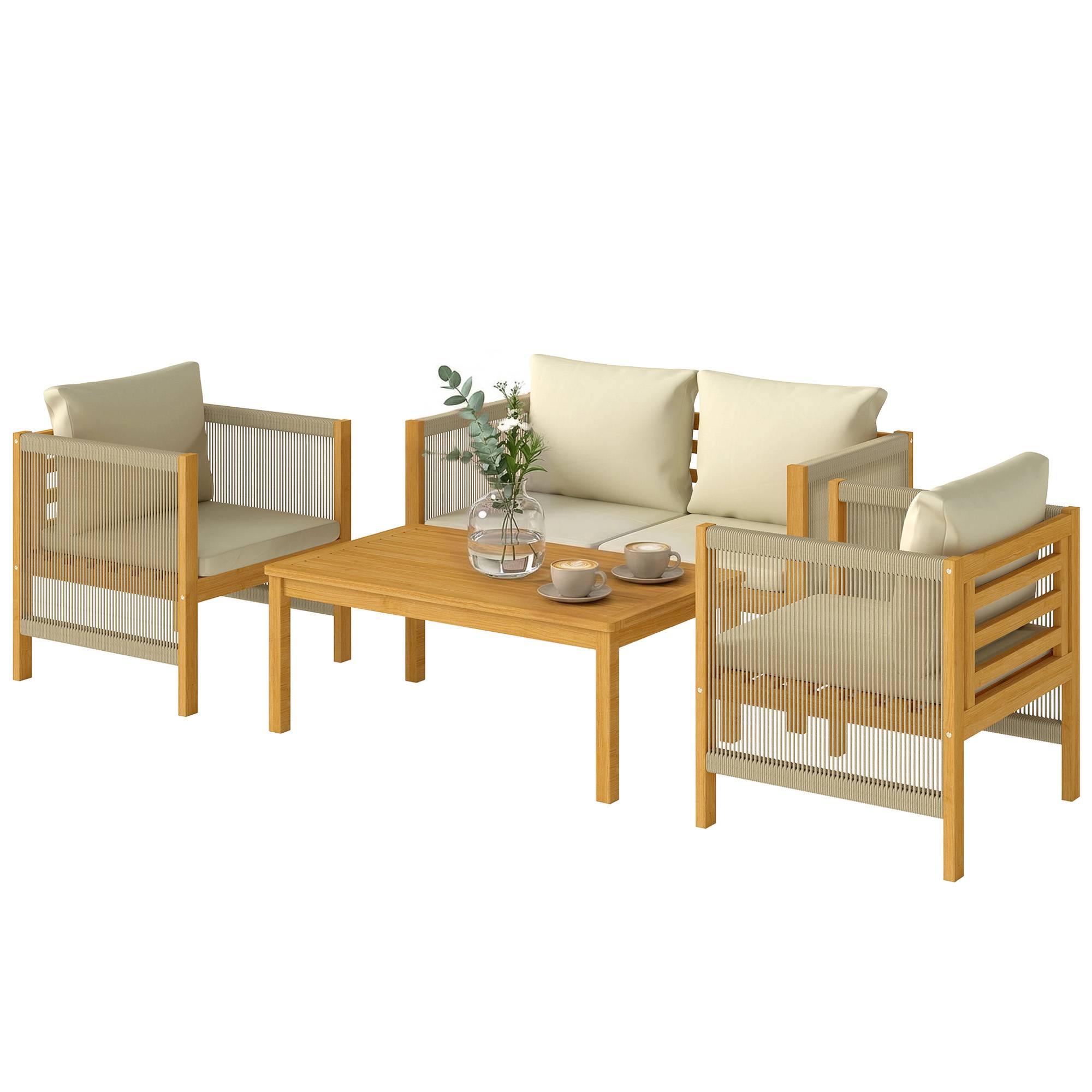 Maison Chic - Salon de Jardin Ensemble de Mobilier 4 Pièces en Bois d'Acacia Coussins Déhoussables et Corde Tressée Naturel