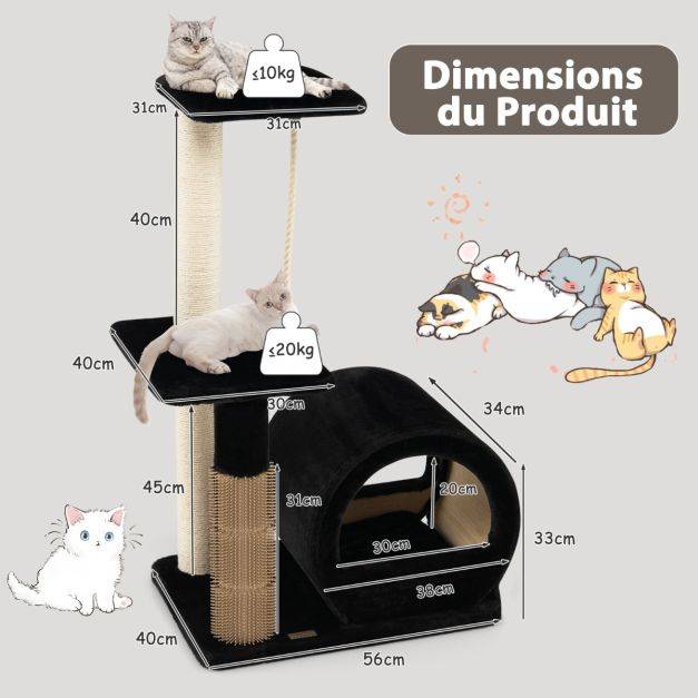 Helloshop26 - 92cm arbre à chat 3 niveaux avec poteaux en sisal et poteau eva tour à chat en peluche avec condo et corde suspendue noir - Imagen 2