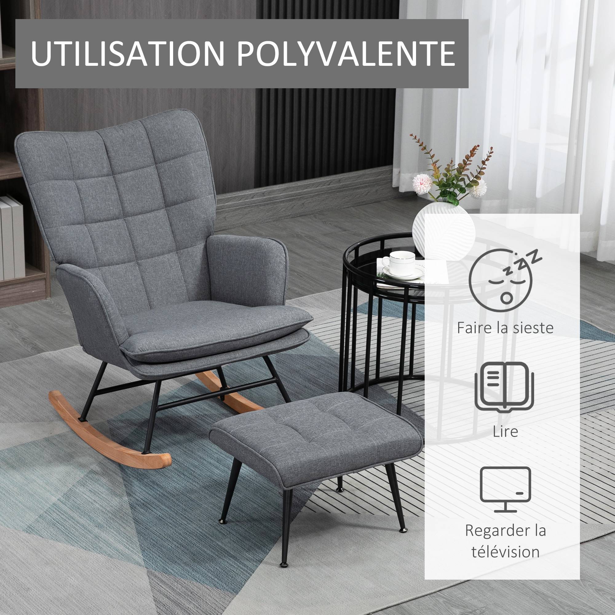 Fauteuil à bascule avec repose-pieds, rocking chair, assise large, dossier haut, coussin inclus, 64 x 89 x 90 cm, gris - Image 8