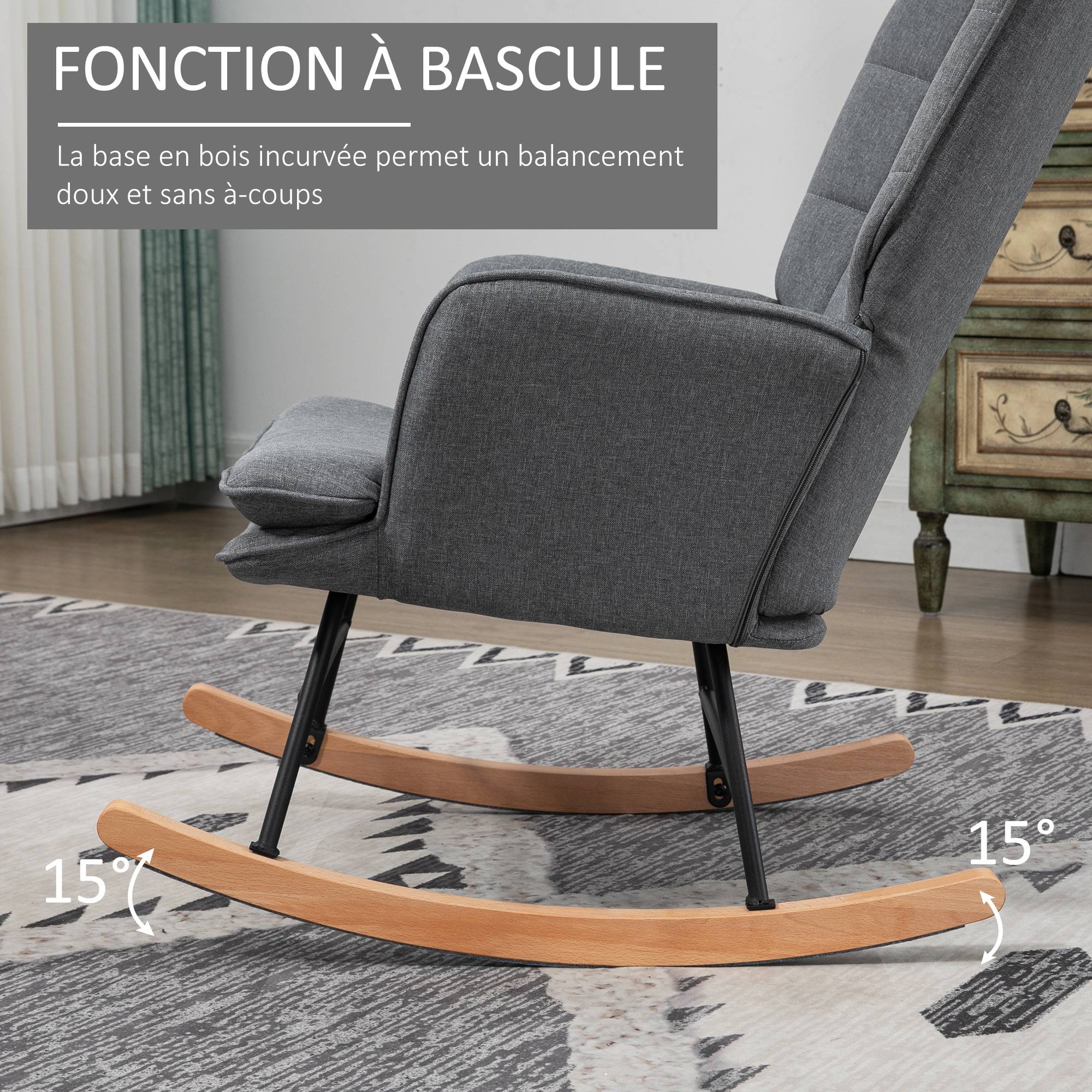 Fauteuil à bascule avec repose-pieds, rocking chair, assise large, dossier haut, coussin inclus, 64 x 89 x 90 cm, gris - Image 6