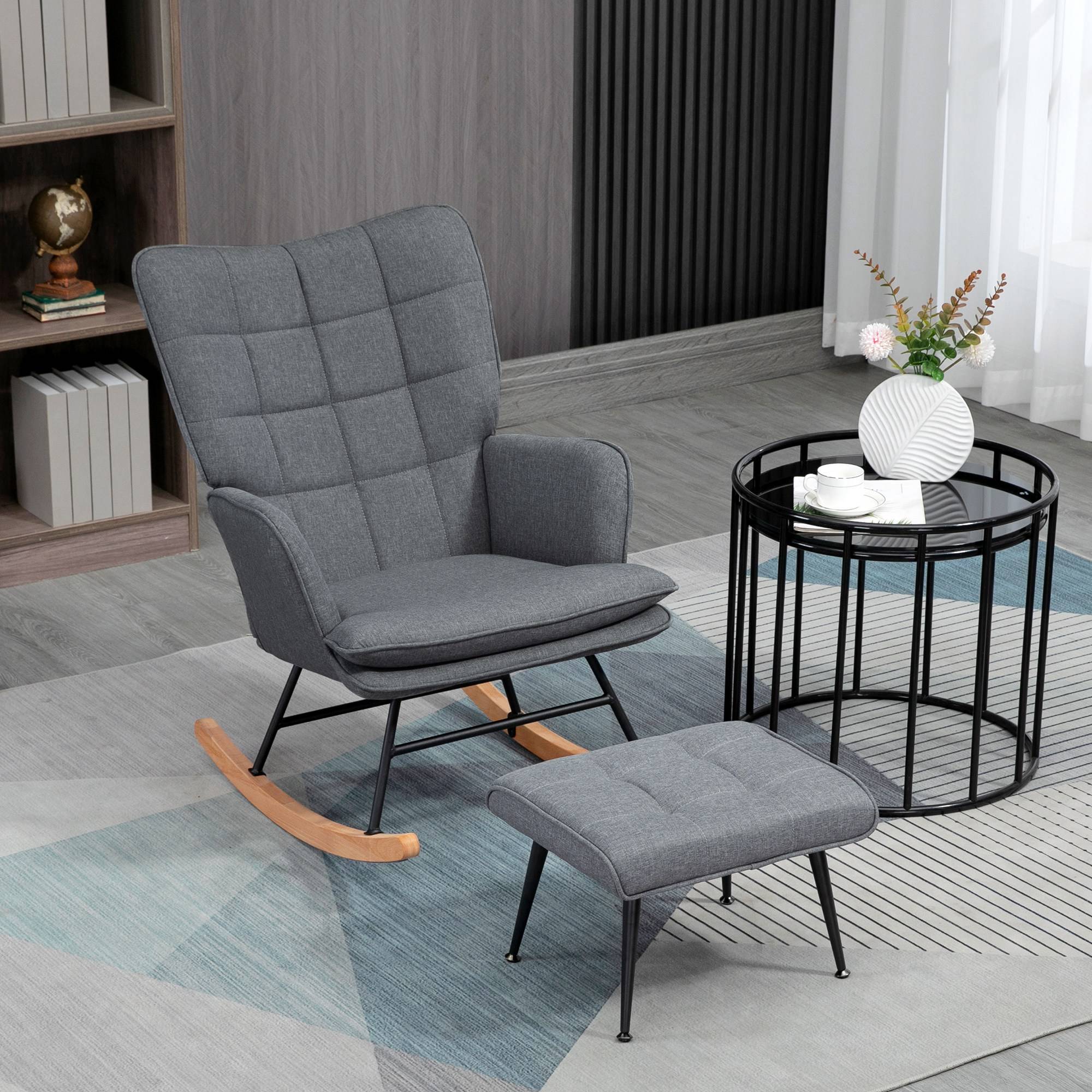 Fauteuil à bascule avec repose-pieds, rocking chair, assise large, dossier haut, coussin inclus, 64 x 89 x 90 cm, gris - Image 4