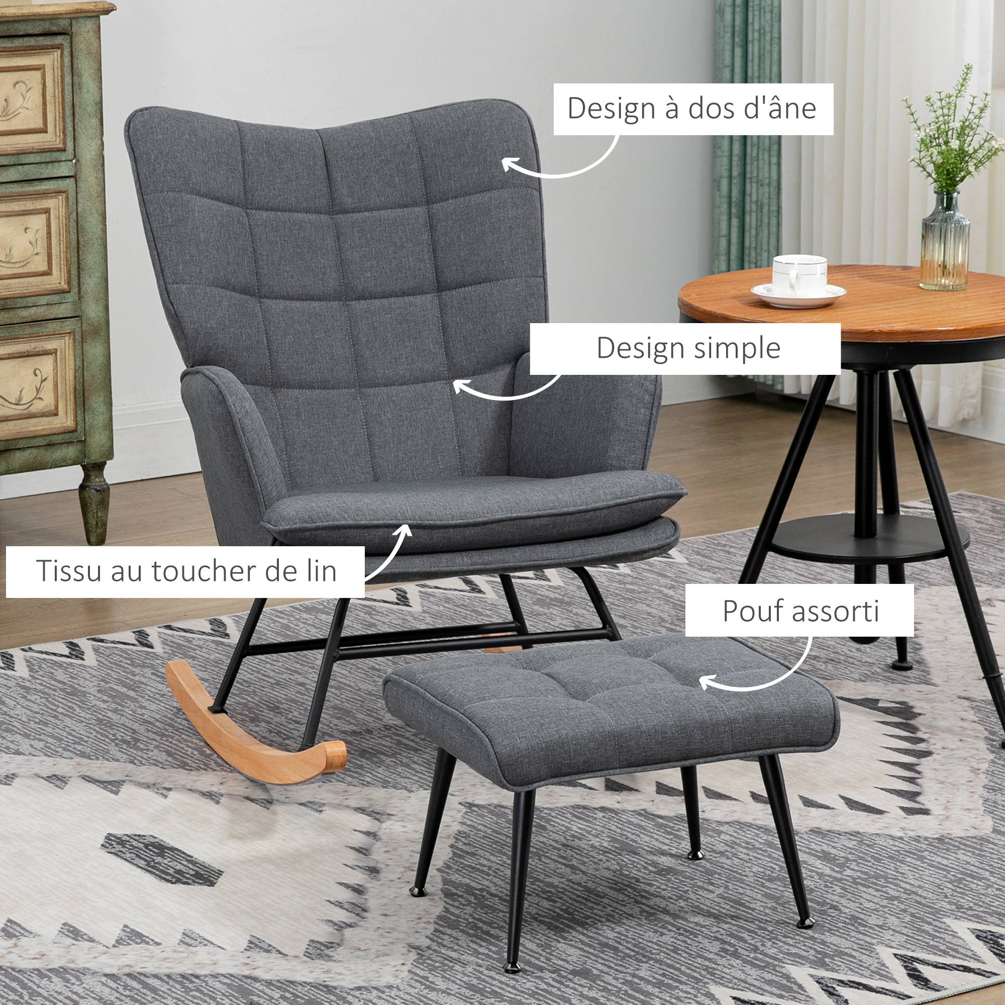 Fauteuil à bascule avec repose-pieds, rocking chair, assise large, dossier haut, coussin inclus, 64 x 89 x 90 cm, gris - Image 7