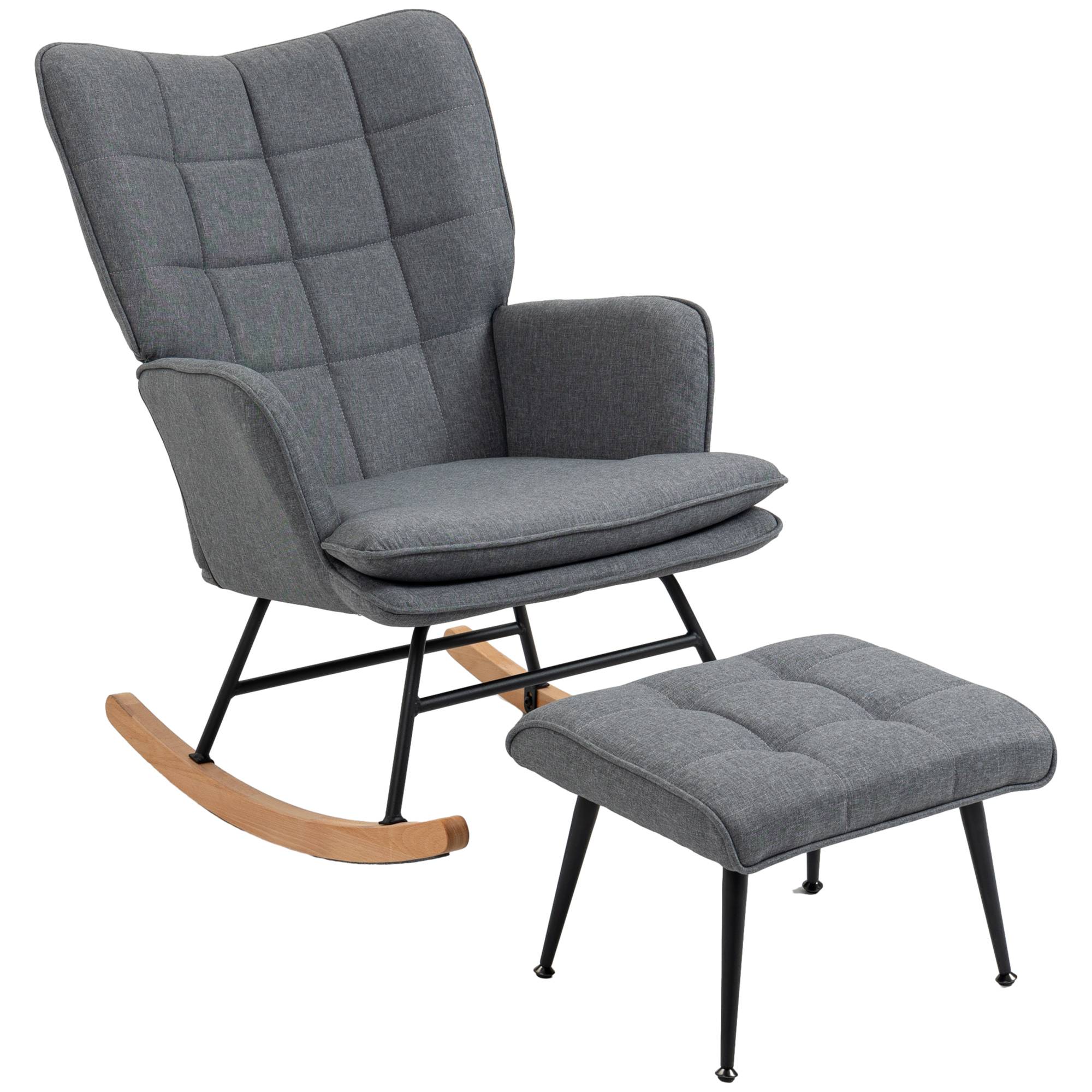 Fauteuil à bascule avec repose-pieds, rocking chair, assise large, dossier haut, coussin inclus, 64 x 89 x 90 cm, gris - Image 1