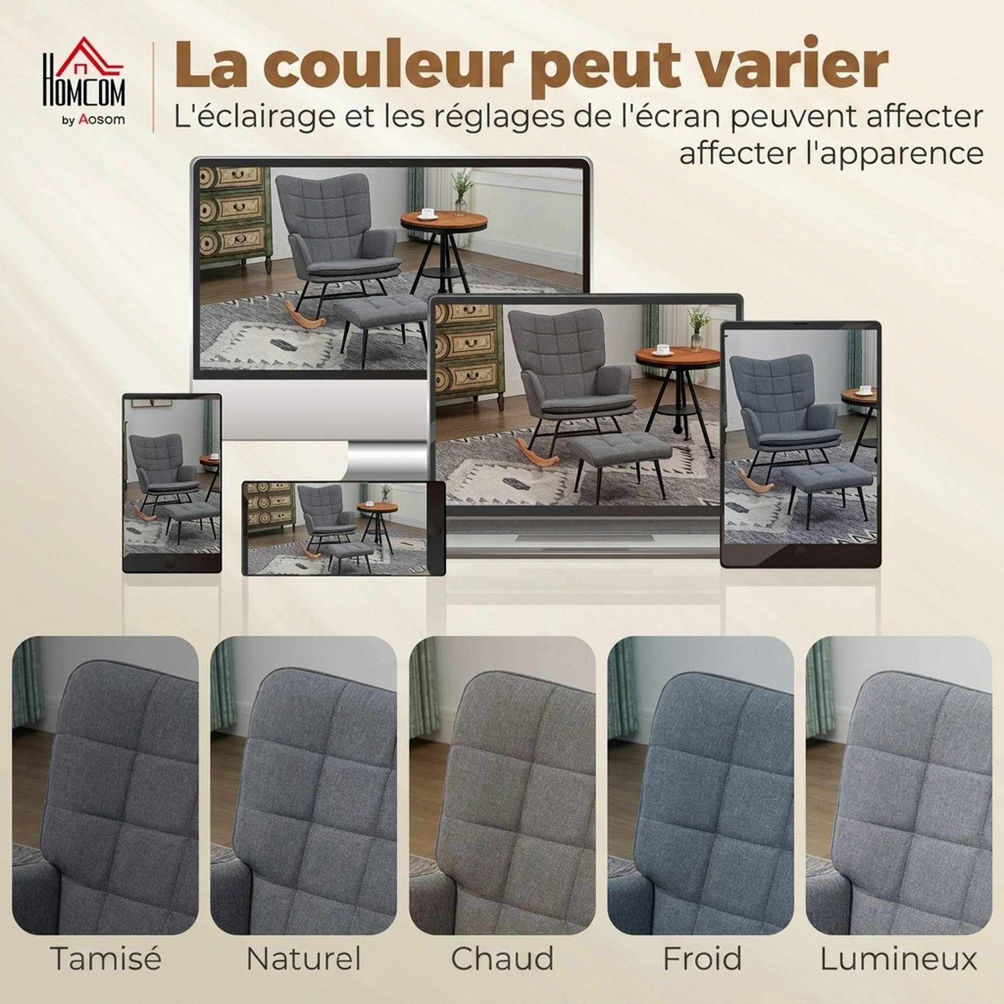 Fauteuil à bascule avec repose-pieds, rocking chair, assise large, dossier haut, coussin inclus, 64 x 89 x 90 cm, gris - Image 9