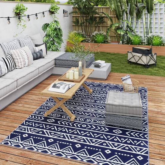 Tapis extérieur réversible Polypropylène Pique-nique plage Motif géométrique 182x274cm Bleu - ComfortXL Outdoor Living - Image 4