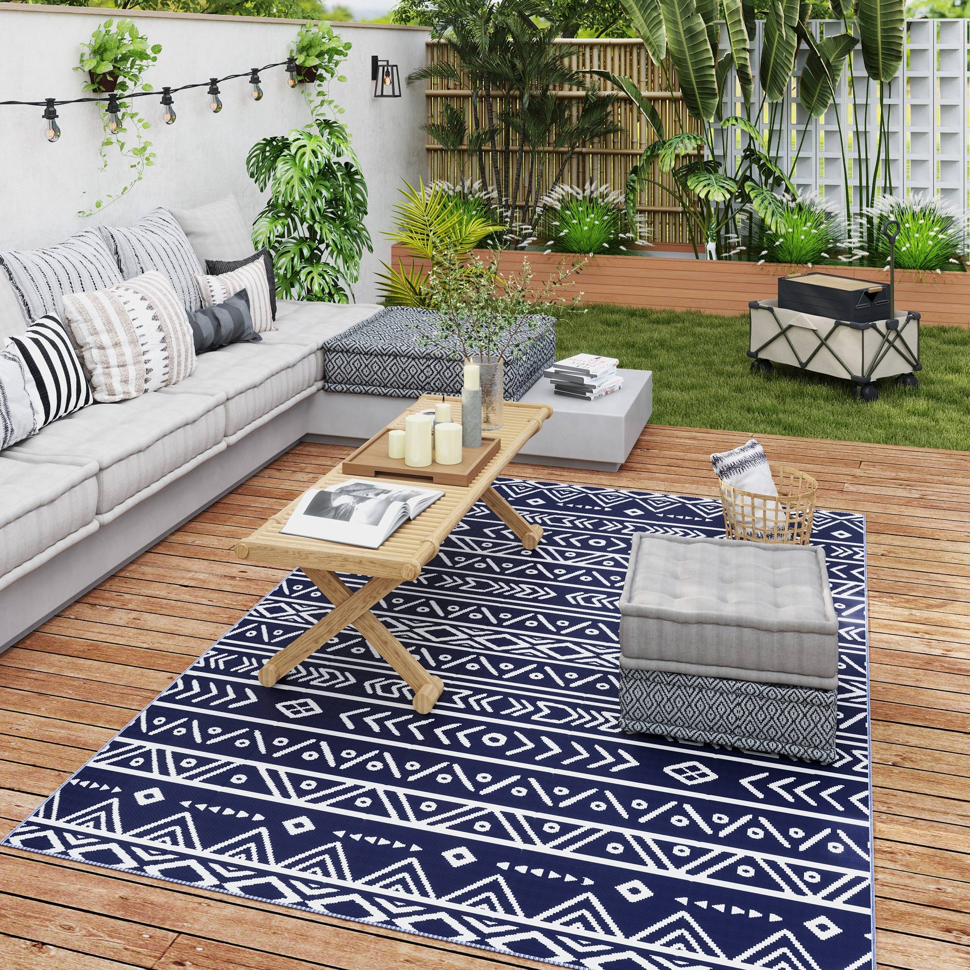 Tapis extérieur réversible Polypropylène Pique-nique plage Motif géométrique 182x274cm Bleu - ComfortXL Outdoor Living - Image 4