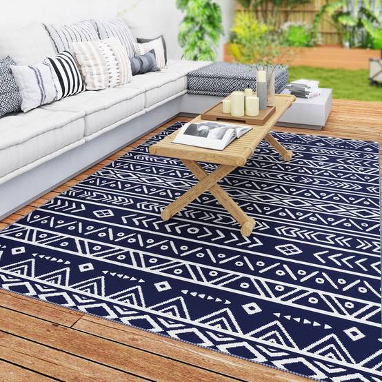Tapis extérieur réversible Polypropylène Pique-nique plage Motif géométrique 182x274cm Bleu - ComfortXL Outdoor Living - Image 1