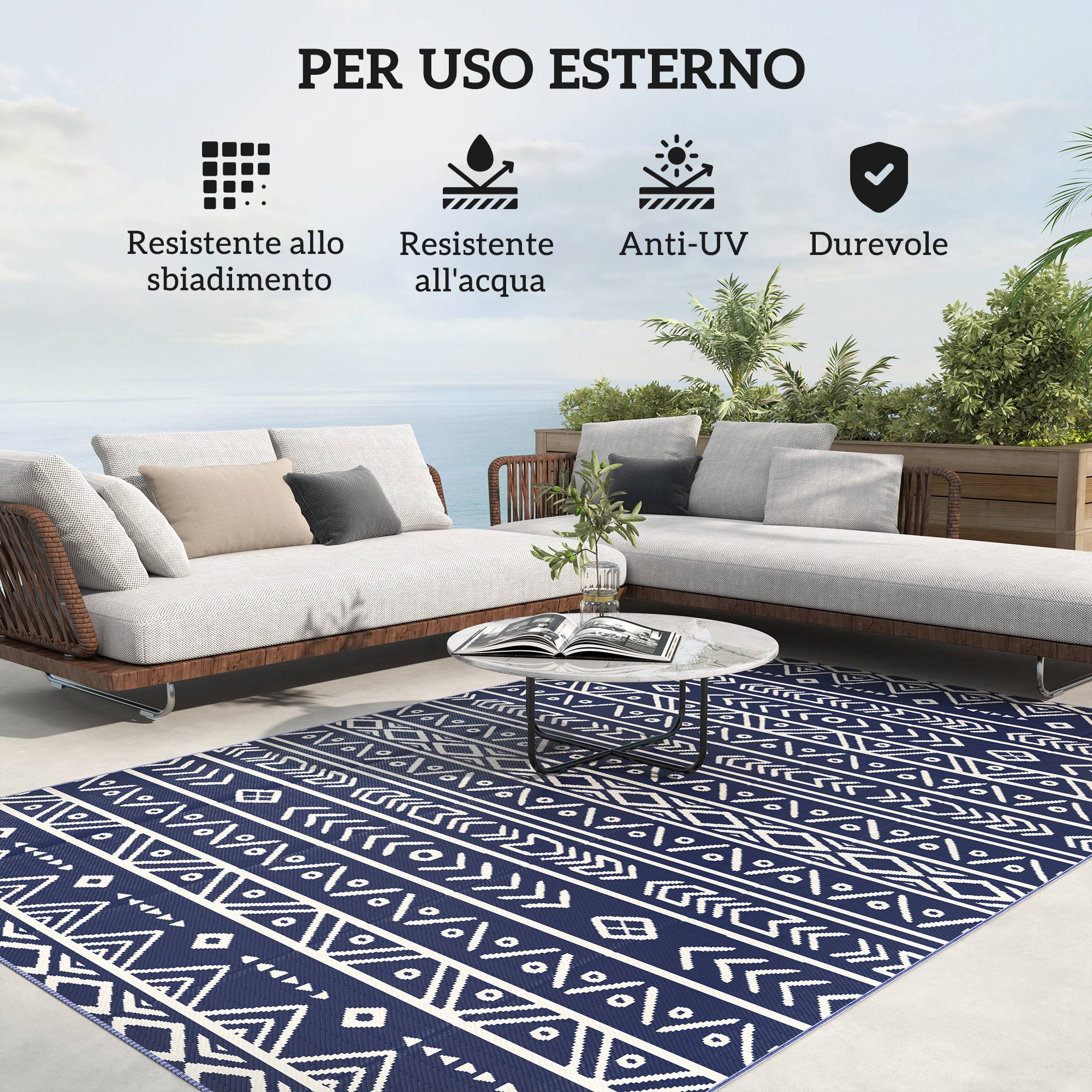 Tapis extérieur réversible Polypropylène Pique-nique plage Motif géométrique 182x274cm Bleu - ComfortXL Outdoor Living - Image 8