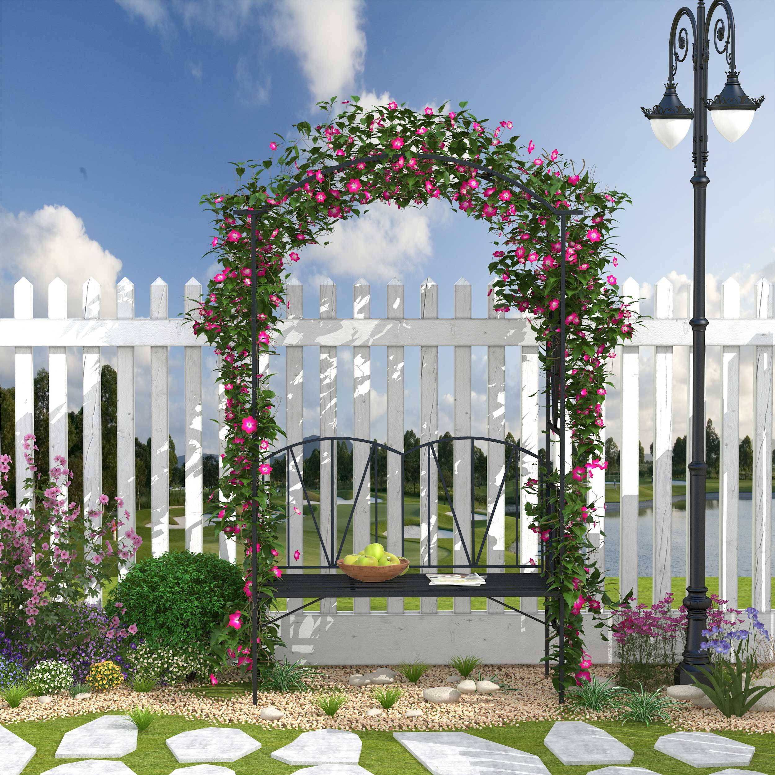 Outsunny - Arche de jardin avec banc 2 places dim. 115L x 54l x 203H cm métal thermolaqué noir - Outsunny - Imagen 2