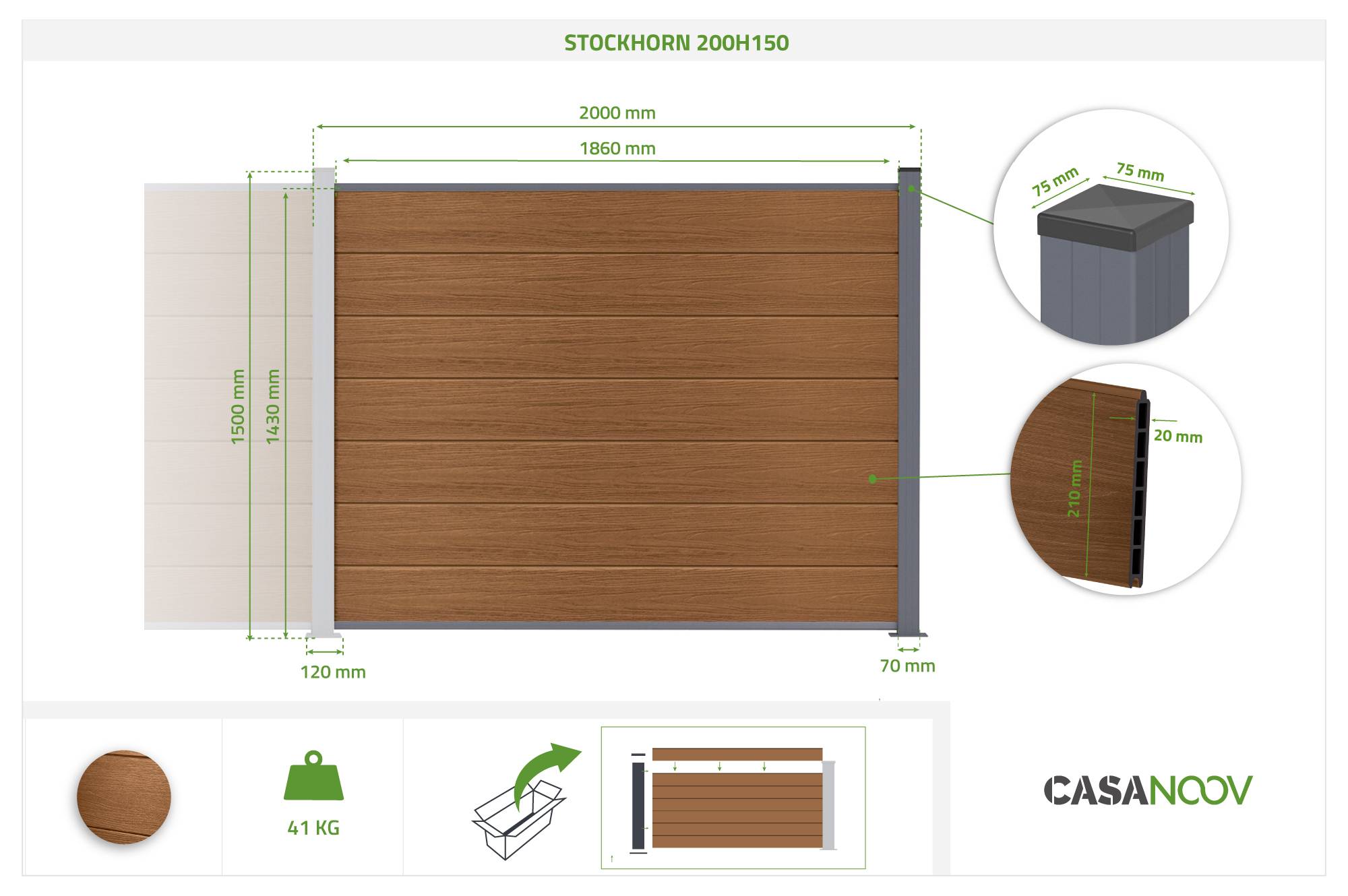 Casanoov Clôture composite Stockhorn 8 m H.150   cm sur plaque finition teck - Image 3