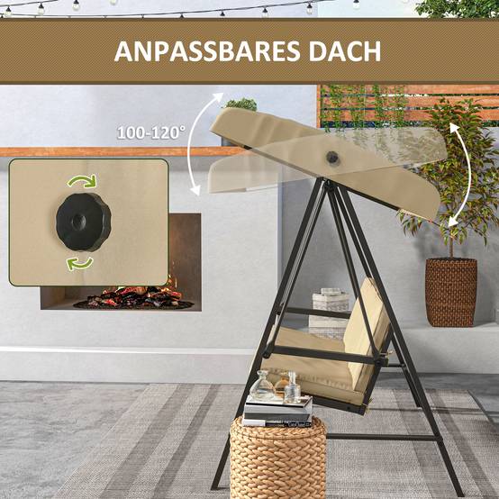 Balancelle de jardin 3 places acier extérieur toit réglable maille 200x125cm beige - ComfortXL Outdoor Living - Image 8