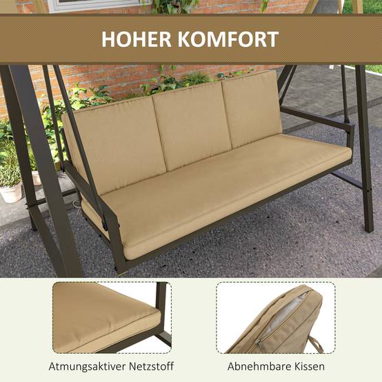 Balancelle de jardin 3 places acier extérieur toit réglable maille 200x125cm beige - ComfortXL Outdoor Living - Image 7