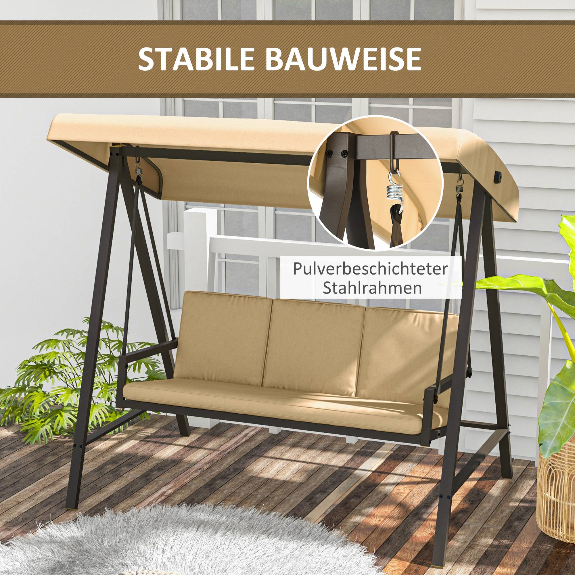 Balancelle de jardin 3 places acier extérieur toit réglable maille 200x125cm beige - ComfortXL Outdoor Living - Image 6