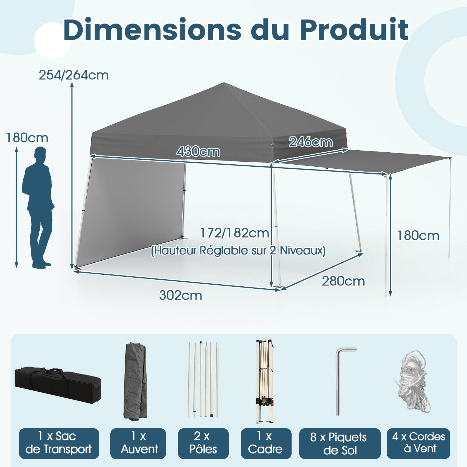 Costway - Tonnelle de Jardin Pop-up 430 x 280 CM, Tente Réception Portable Pliable avec Parois Latérales Convertibles en Auvent, pour Fête Camping, Gris - Image 3