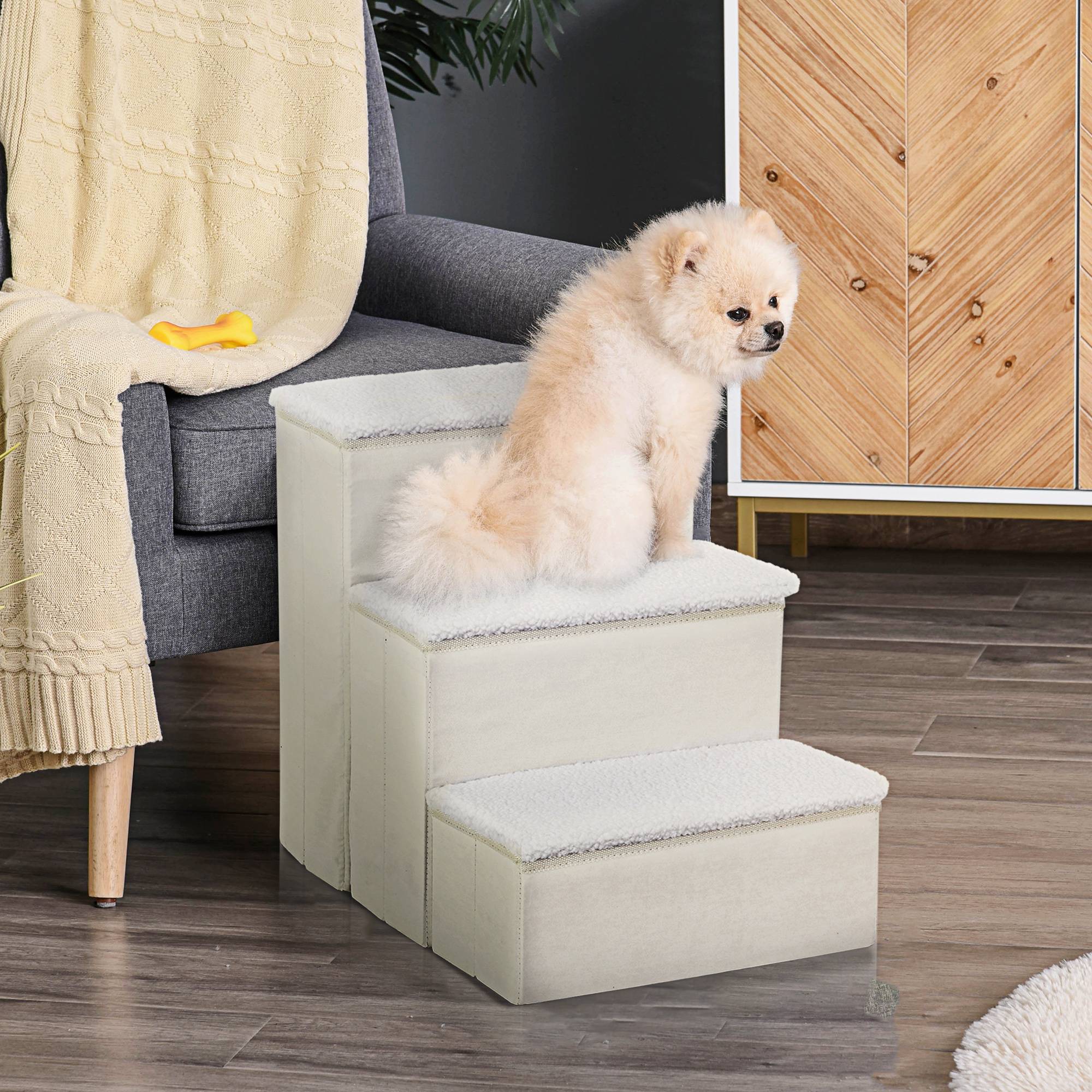 Escalier chien 3 marches 48 cm haut, petits/anciens animaux, pliable, rampe, lit, canapé, blanc - Image 3