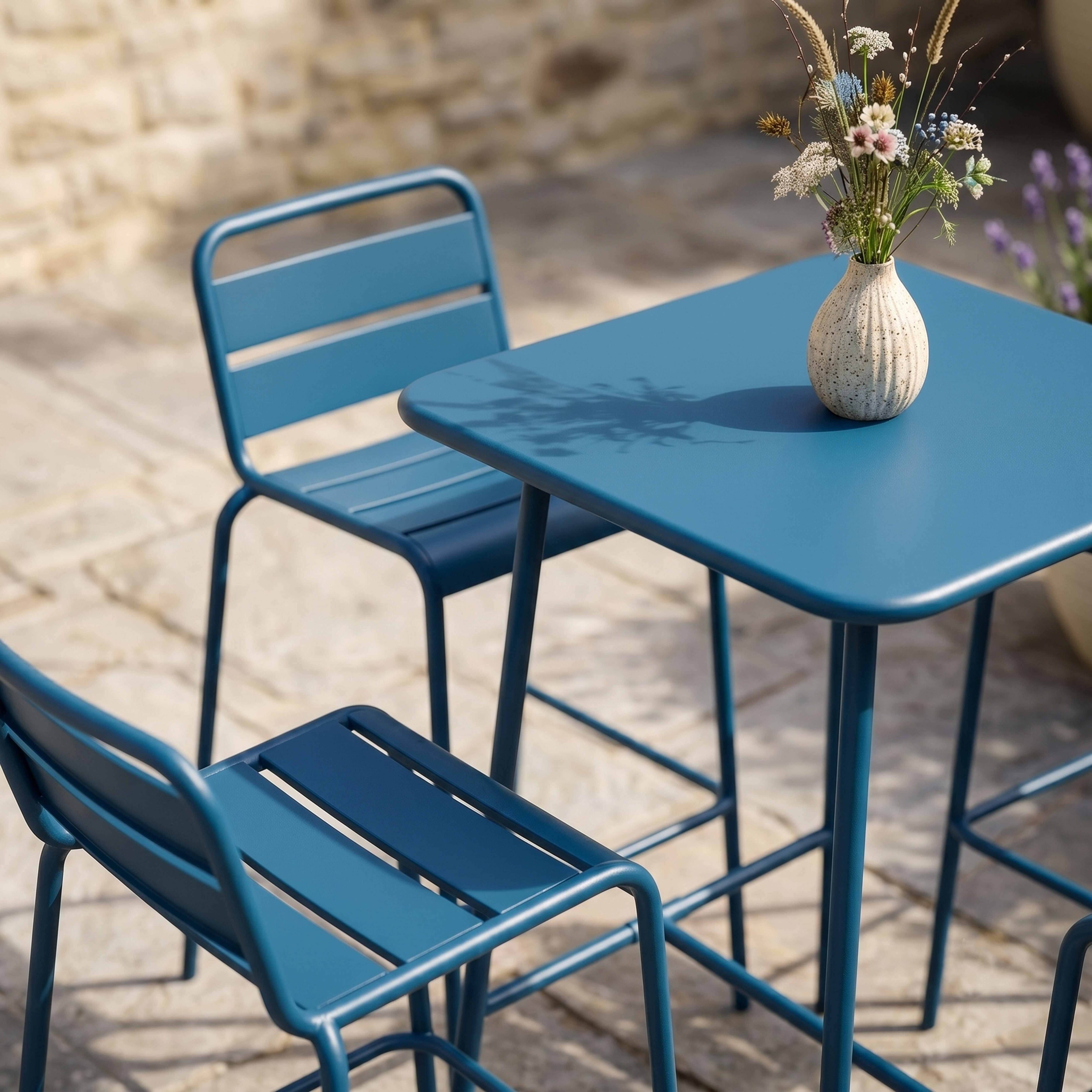 Oviala - Ensemble table de bar et 4 chaises hautes en métal bleu pacific Palavas - Oviala - Imagen 5