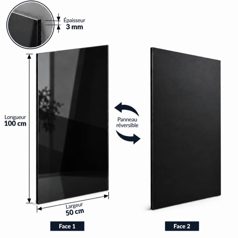 Crédence réversible alu noir brillant/mat - 3mm - 3 formats - Coloris Noir RAL 9005, Epaisseur 3mm, Largeur 50cm, Longueur 100cm - Image 2