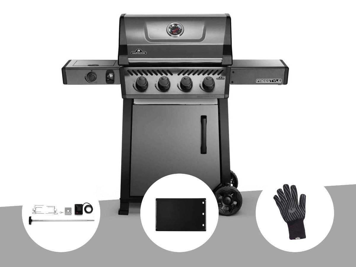 Napoleon - Barbecue à gaz Freestyle F425SIB - 4 brûleurs + Sizzle Zone + Kit rôtissoire + Plancha + Gant anti-chaleur - Napoleon