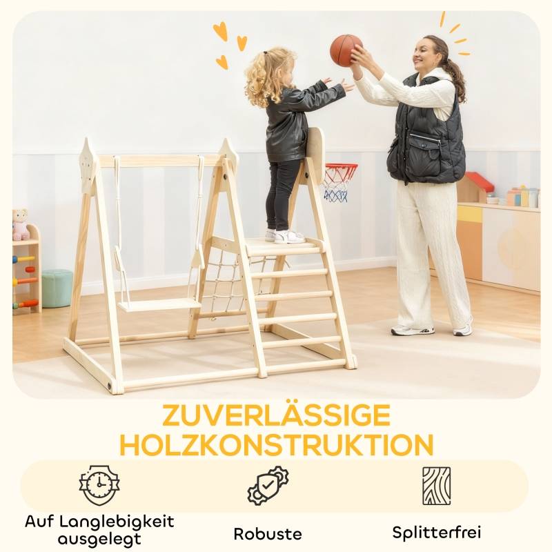 Structure d’escalade intérieure 5-en-1 avec toboggan, balançoire, filet d’escalade, panier de basket, pliable, 3-6 ans, bois naturel - Image 5