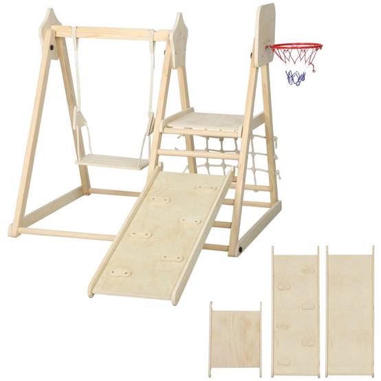 Structure d’escalade intérieure 5-en-1 avec toboggan, balançoire, filet d’escalade, panier de basket, pliable, 3-6 ans, bois naturel - Image 1
