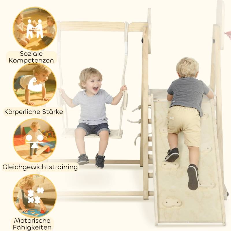 Structure d’escalade intérieure 5-en-1 avec toboggan, balançoire, filet d’escalade, panier de basket, pliable, 3-6 ans, bois naturel - Image 7