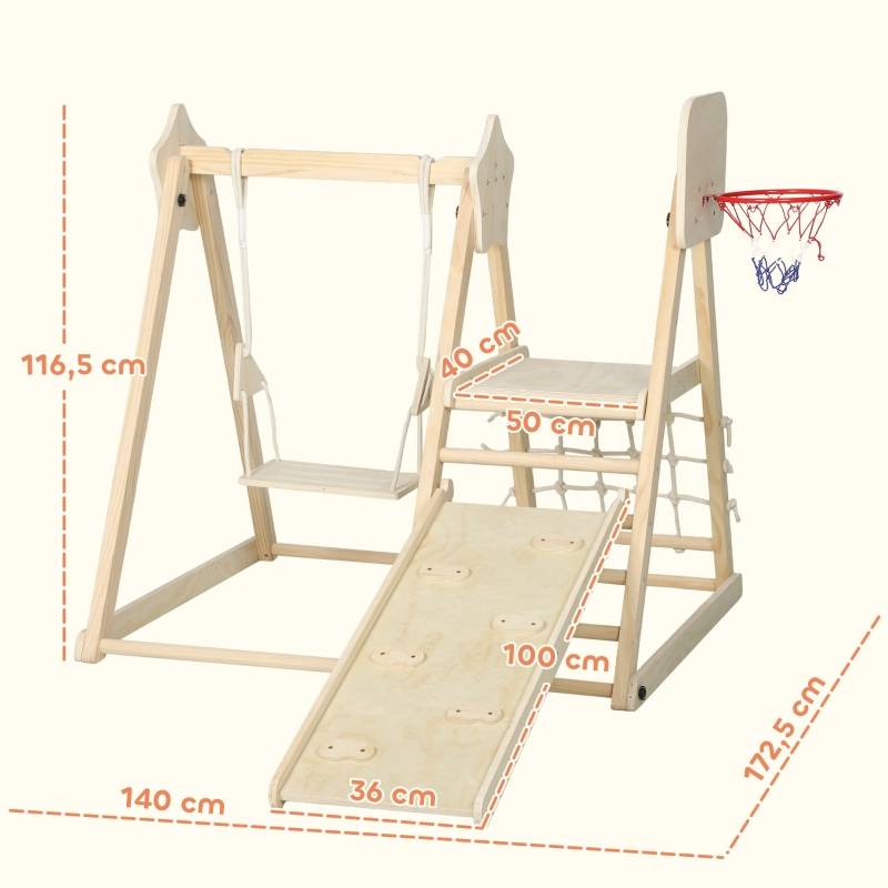 Structure d’escalade intérieure 5-en-1 avec toboggan, balançoire, filet d’escalade, panier de basket, pliable, 3-6 ans, bois naturel - Image 3