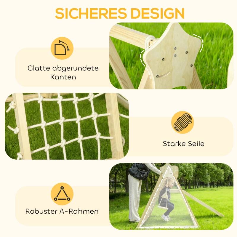Structure d’escalade intérieure 5-en-1 avec toboggan, balançoire, filet d’escalade, panier de basket, pliable, 3-6 ans, bois naturel - Image 6