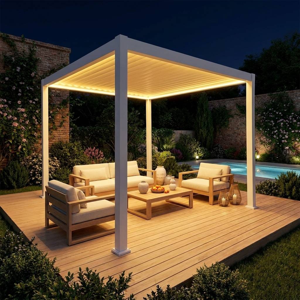 Pergola Bioclimatique électrique 3x3m blanc. aluminium. à lames orientables avec éclairage LED  | sweeek