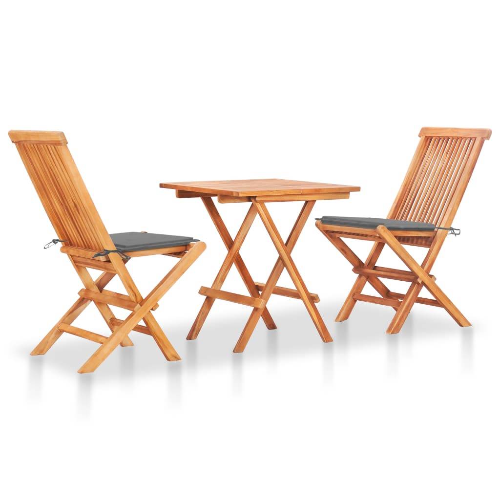 Ensemble de bistro jardin meuble extérieur terrasse 3 pièces avec coussins gris bois de teck massif - Image 1