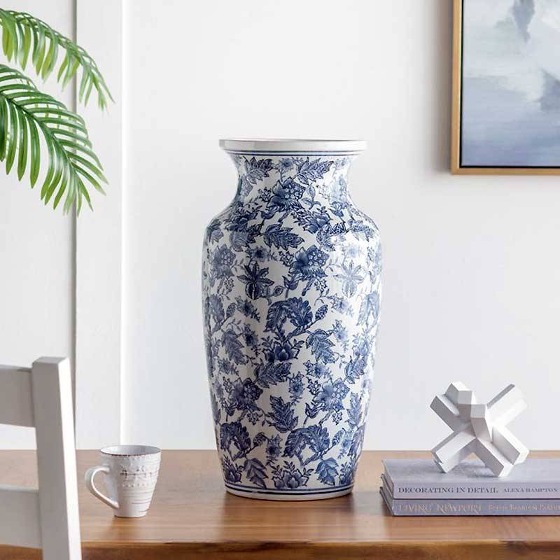 La Grande Prairie - Grand vase céramique floral blanc et bleu 30x30x61cm