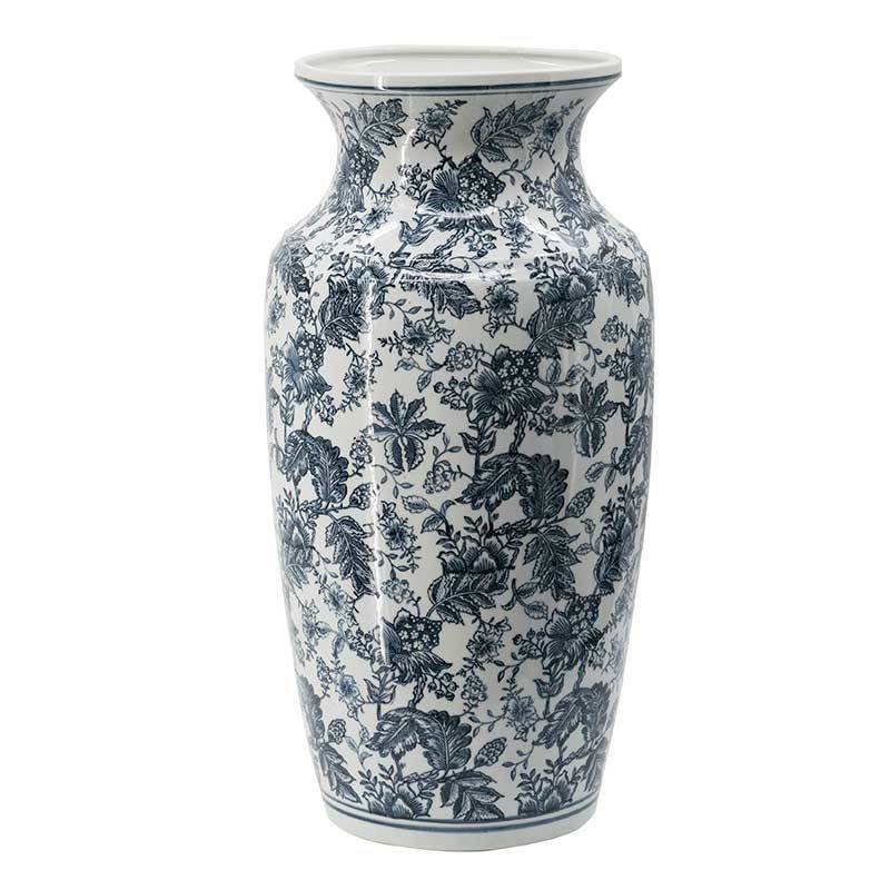 La Grande Prairie - Grand vase céramique floral blanc et bleu 30x30x61cm - Image 2