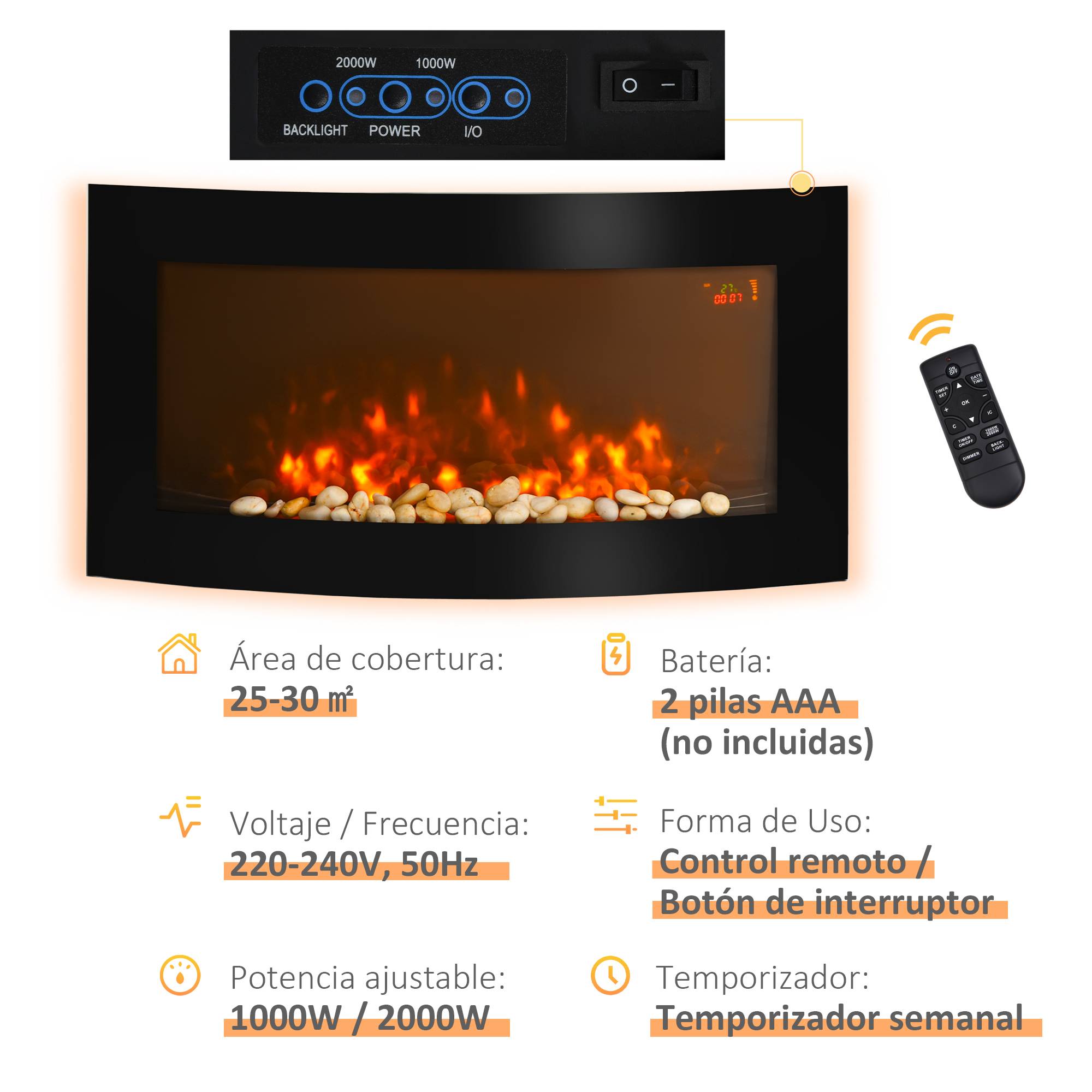 Cheminée électrique murale 1000W/2000W température réglable, effet de flammes et télécommande 89,2x13,5x48 cm noir - Image 10