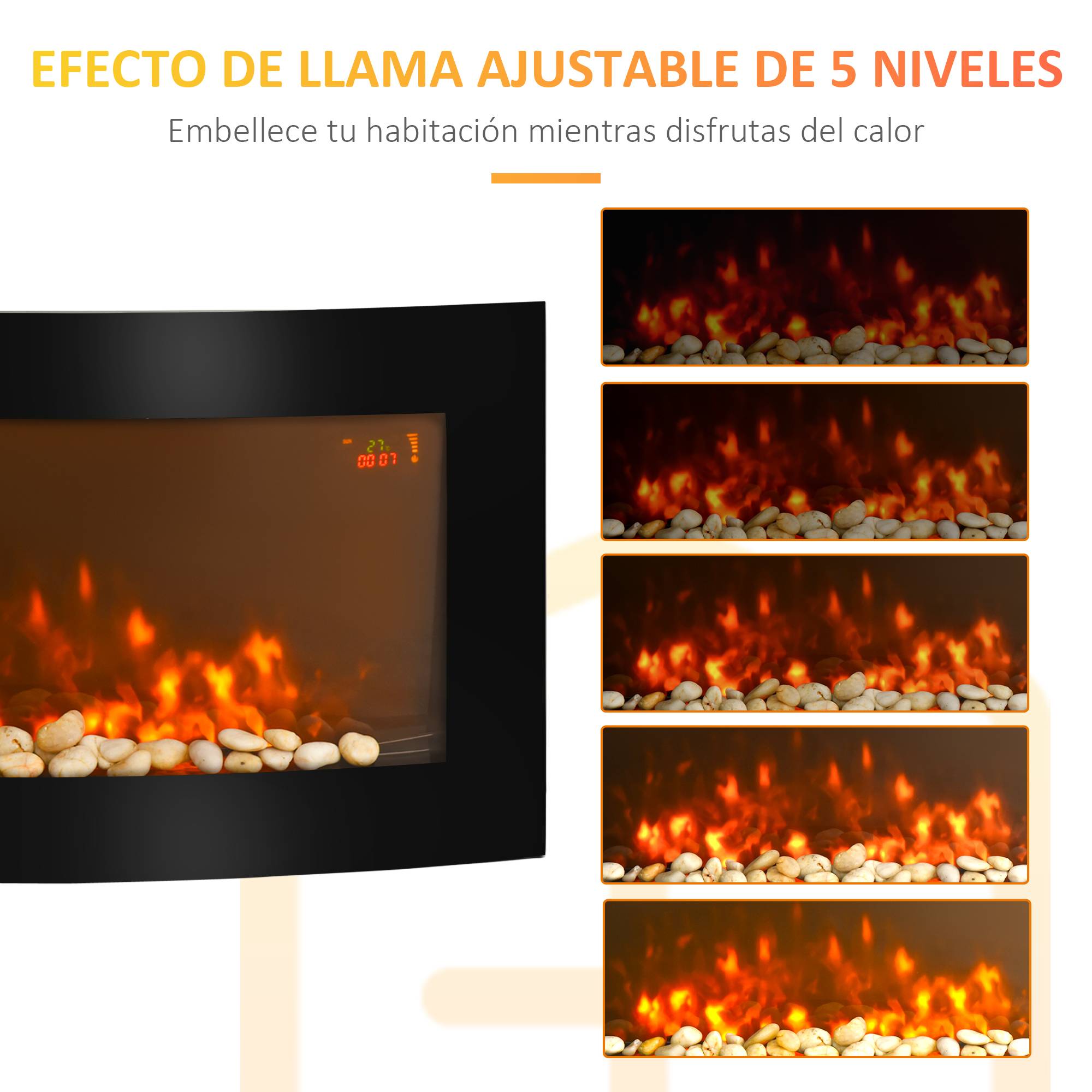 Cheminée électrique murale 1000W/2000W température réglable, effet de flammes et télécommande 89,2x13,5x48 cm noir - Image 8