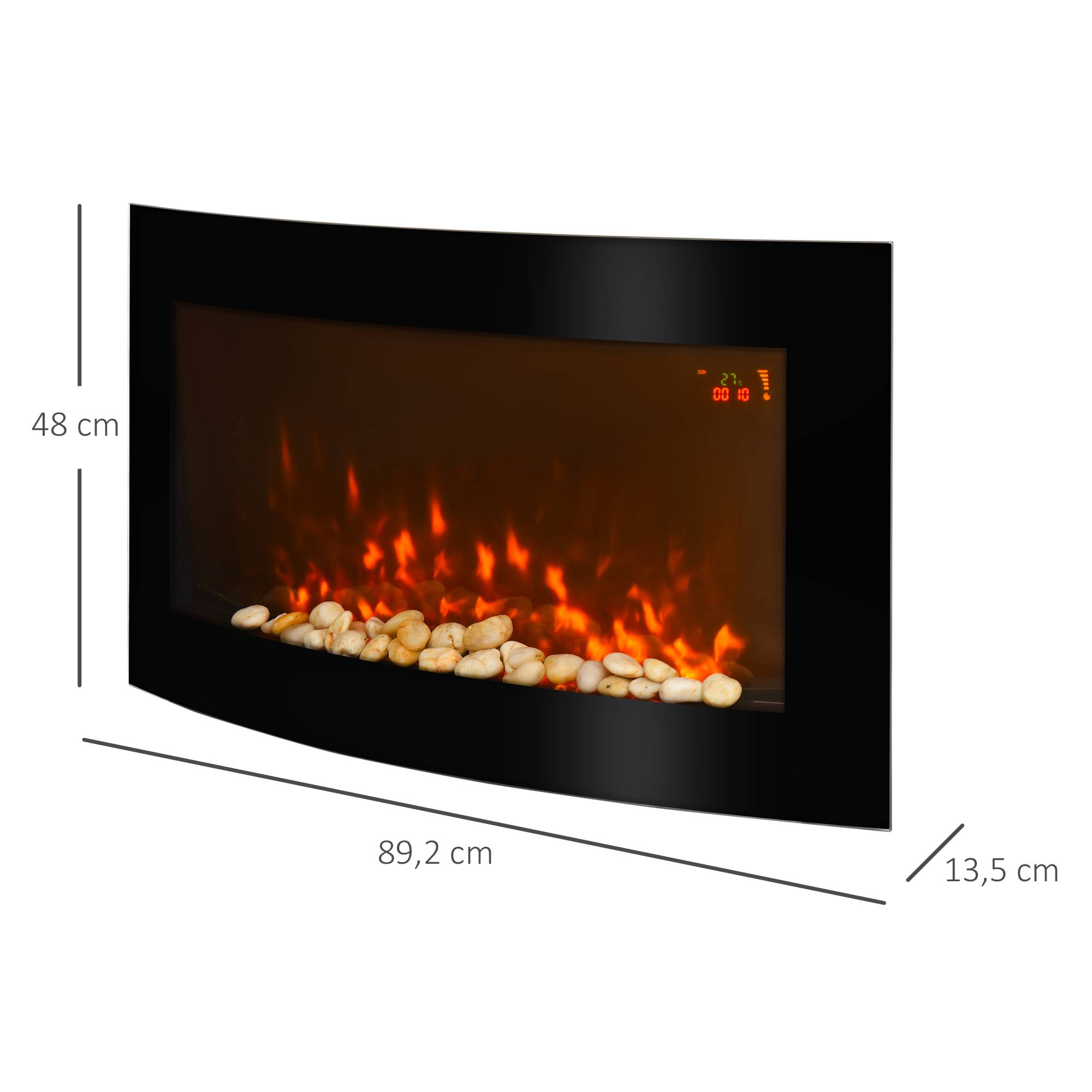 Cheminée électrique murale 1000W/2000W température réglable, effet de flammes et télécommande 89,2x13,5x48 cm noir - Image 5