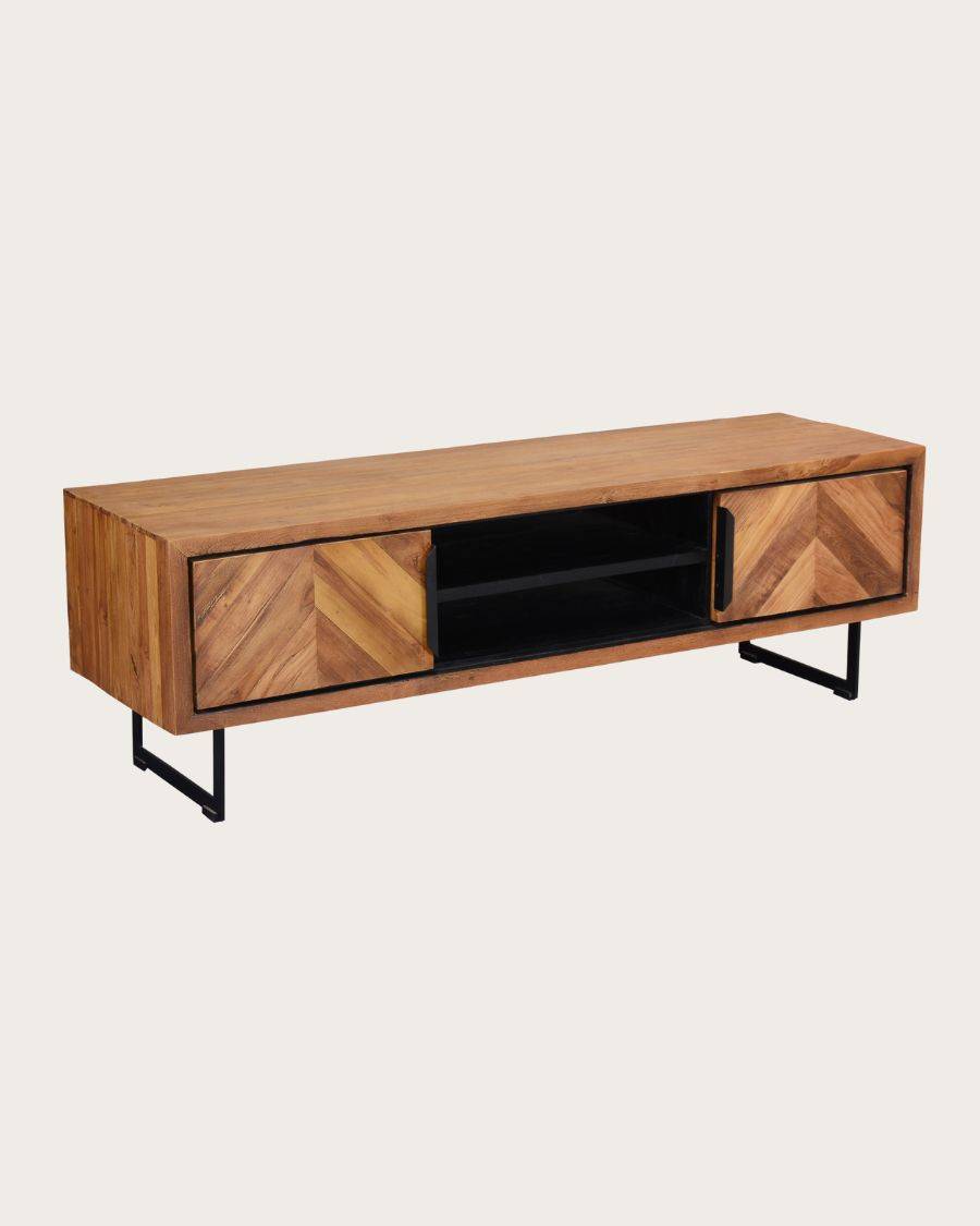 Kappa - Meuble  industriel en teck recyclé avec motif chevron et métal 160 cm - UNIQKA - Imagen 4