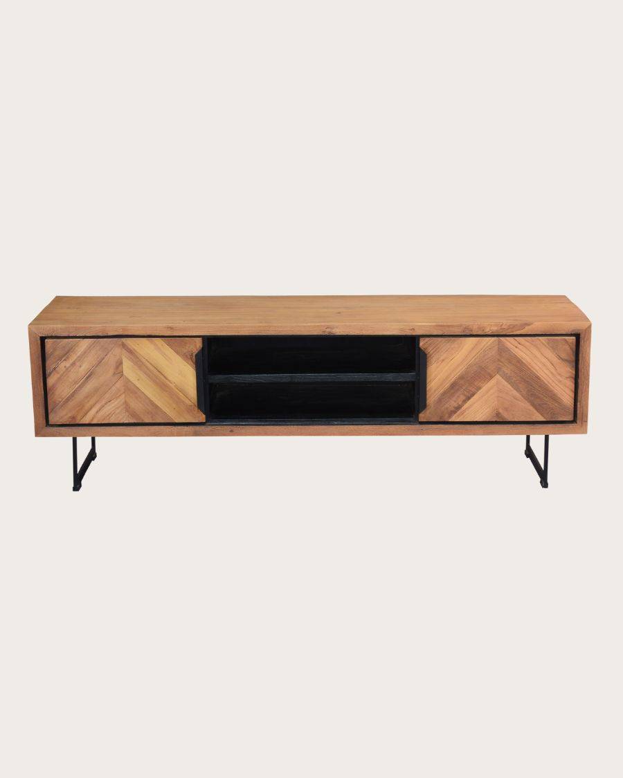 Kappa - Meuble  industriel en teck recyclé avec motif chevron et métal 160 cm - UNIQKA - Imagen 1