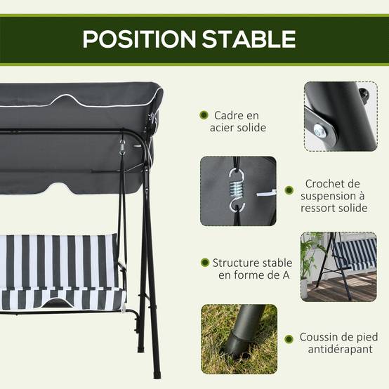 Balancelle de jardin 3 places acier terrasse toit inclinable 172cm gris - ComfortXL Outdoor Living - Image 7