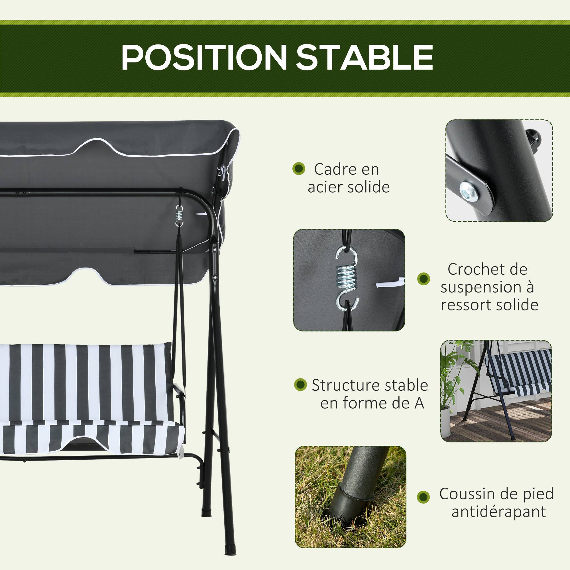 Balancelle de jardin 3 places acier terrasse toit inclinable 172cm gris - ComfortXL Outdoor Living - Image 7