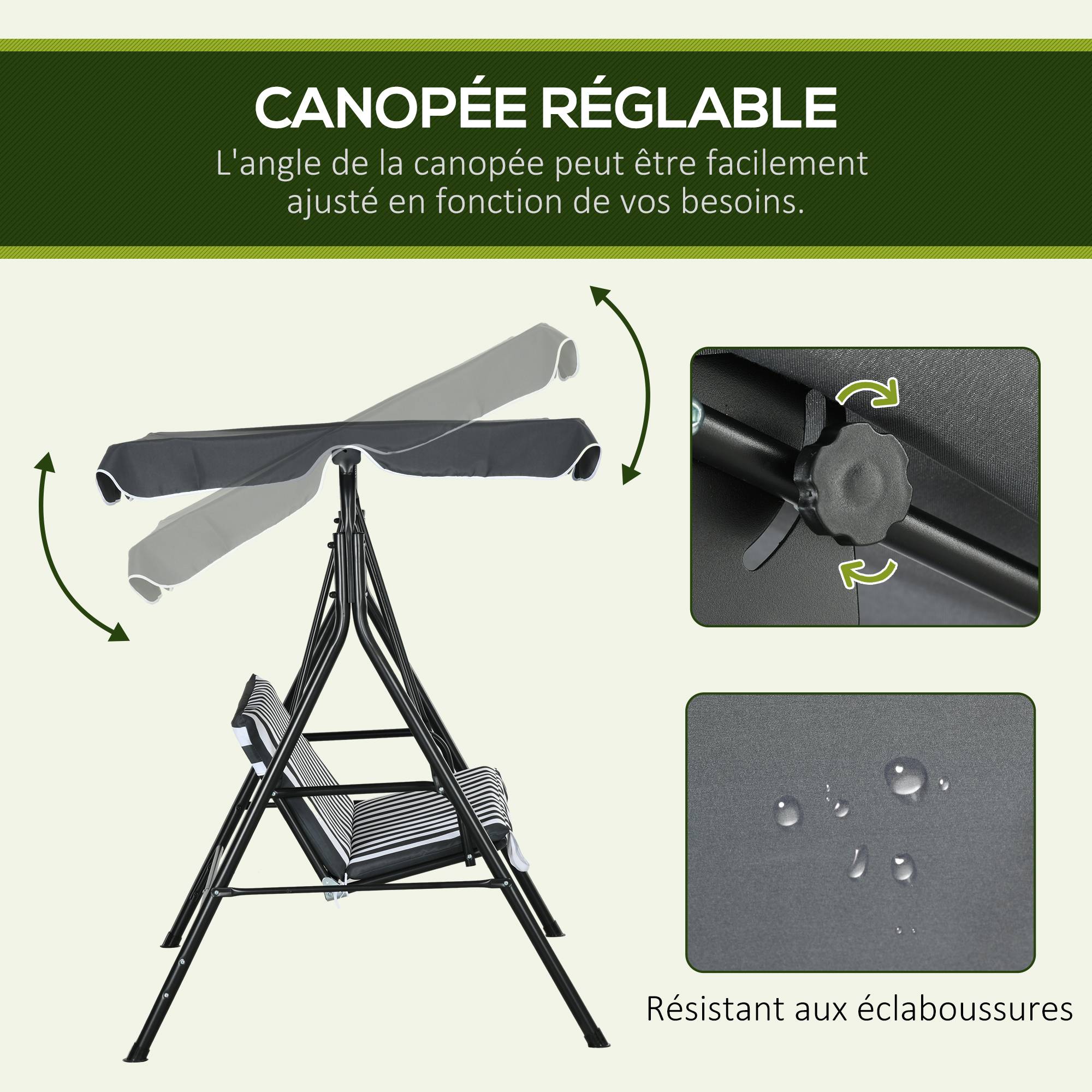 Balancelle de jardin 3 places acier terrasse toit inclinable 172cm gris - ComfortXL Outdoor Living - Image 6
