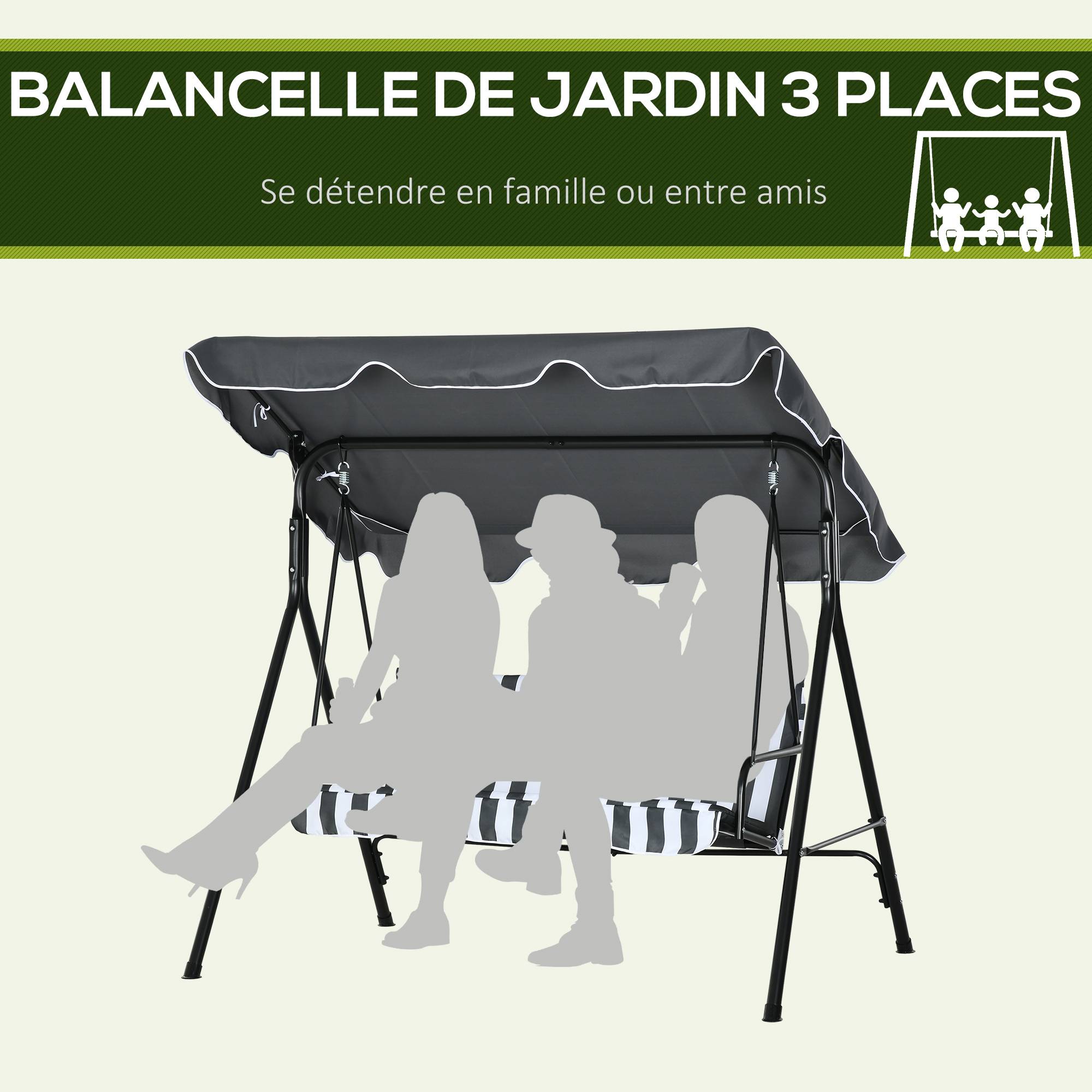 Balancelle de jardin 3 places acier terrasse toit inclinable 172cm gris - ComfortXL Outdoor Living - Image 8
