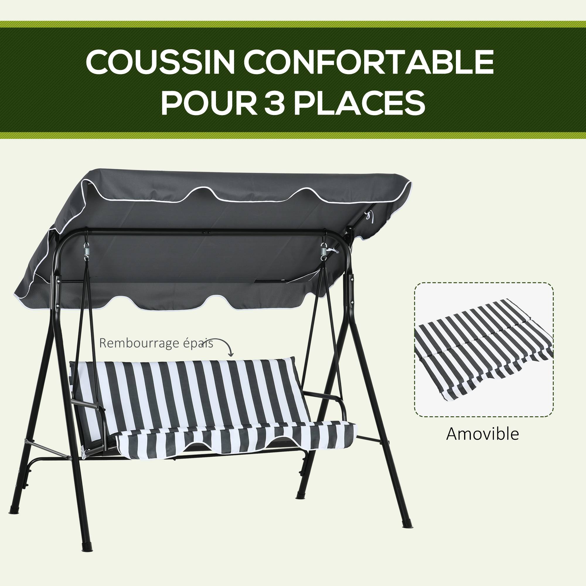 Balancelle de jardin 3 places acier terrasse toit inclinable 172cm gris - ComfortXL Outdoor Living - Image 9
